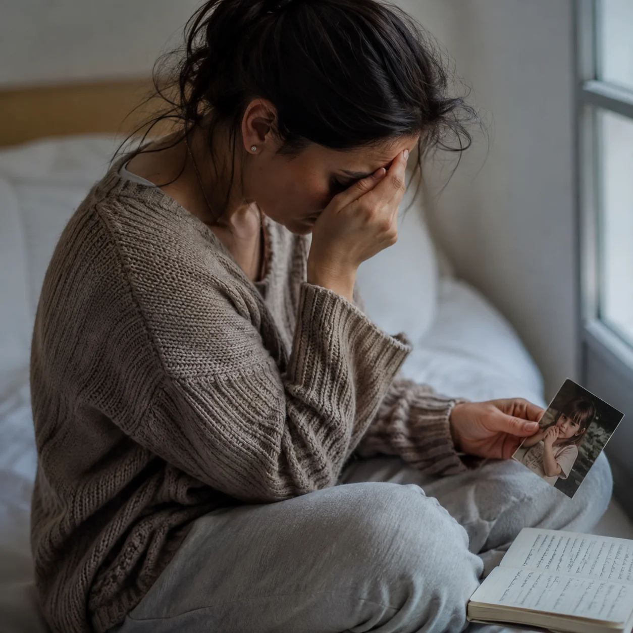 Mujer sentada sobre una cama, sosteniendo una fotografía de niña mientras llora, con un cuaderno abierto sobre su regazo