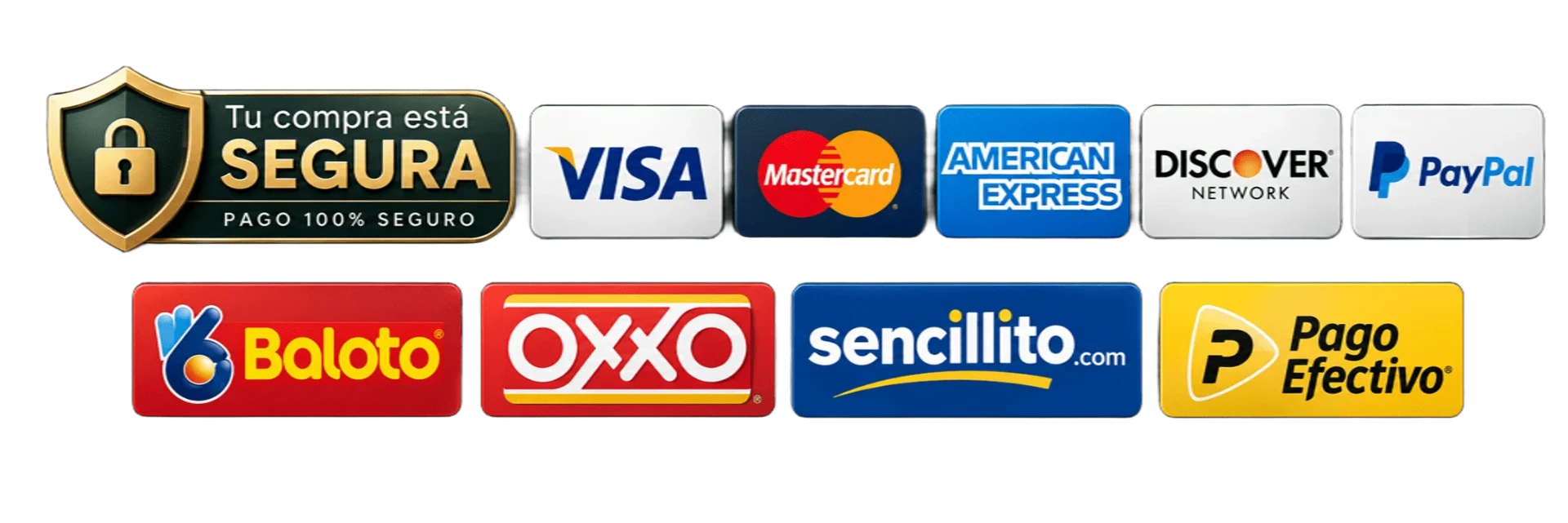 Pago 100% seguro con Visa, Mastercard, American Express, Discover, PayPal, Baloto, OXXO, Sencillito y PagoEfectivo