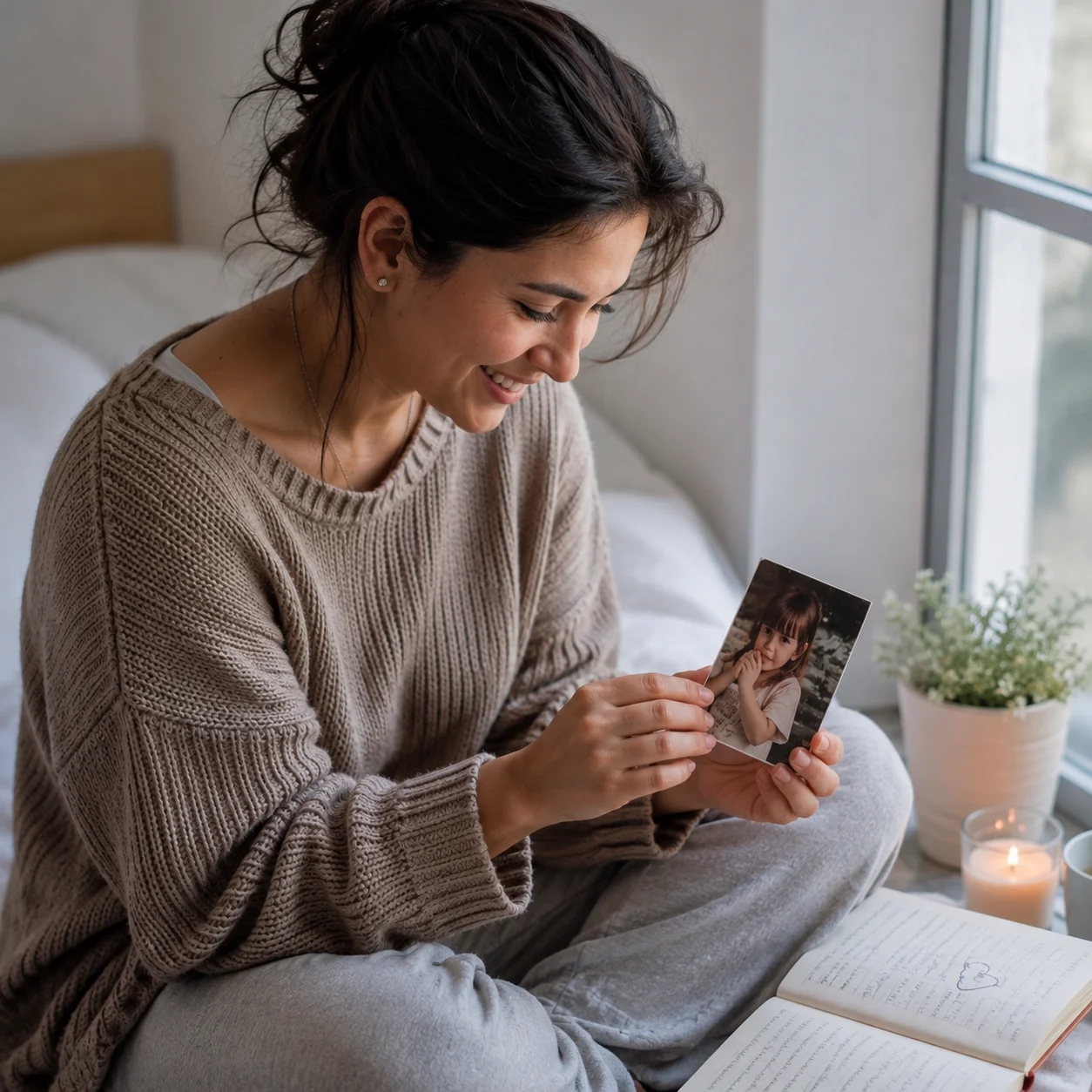 Mujer sentada sobre una cama junto a una ventana, mirando con una sonrisa una fotografía de niña, con un diario abierto, una vela y una planta cerca